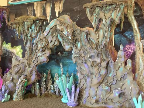 Underwater Cave Entrance, Volcano Set Design, Cave Party Decorations, Cave Set Design, Underwater Set Design, Cave Quest Vbs Decorations, Cave Birthday Party, Cave Classroom, Diy Cave