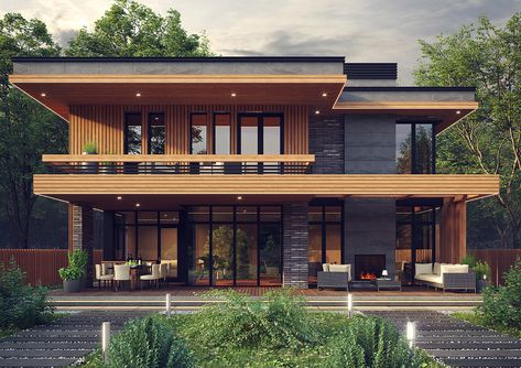 Modern house in California on Behance Modern Contemporary Home Exterior Design, House In California, Japanese Modern House, Modern Japanese House, Modern Wooden House, Wooden House Design, Modern House Exterior Design, Casas The Sims 4, Modern House Facades