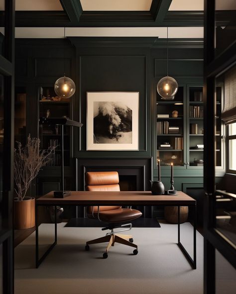 I’d love to light the fireplace in this moody home office and cozy up on a cold winter’s day. ⁣ ⁣ ⁣ AI-Assisted Design:… | Instagram Black Office Setup, Black Decor Office, Home Office Paneling, Office With Green Walls, Dark Green And Gold Office, Moody Colonial, Masculine Offices, Dining Room Conversion Ideas, Men's Home Office