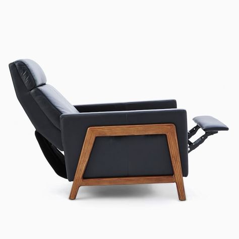 Spencer Wood-Framed Leather Recliner | West Elm Mid Century Modern Recliner, Black Leather Recliner, Modern Recliner Chairs, The Spencer, Modern Recliner, Leather Swivel Chair, Oversized Furniture, Recliner Chairs, Leather Recliner Chair