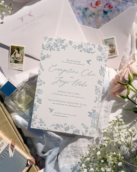 Delighted to unveil this romantic suite for E + J’s summer country club wedding. A graceful single-piece suite on double thick cotton paper. Printed with a cushiony letterpress highlighting their intricate frame. 🕊️🌳💎 Letterpress on double-thick paper will always be a winning combo for that extra-luxe feel 💗 . . . . . . . . . #custominvitations #bespokestationery #weddingstationery #weddingdetail #weddingplanning #weddingstyle #weddinginspiration #weddingideas #weddinginspo #fineartwedding #w... Chinoiserie Wedding Invitation, Wedding Cottagecore, Italian Wedding Invitations, Letterpress Invitation Suite, Live Illustration, Letterpress Wedding Stationery, Powder Blue Wedding, Stationery Studio, Chinoiserie Wedding