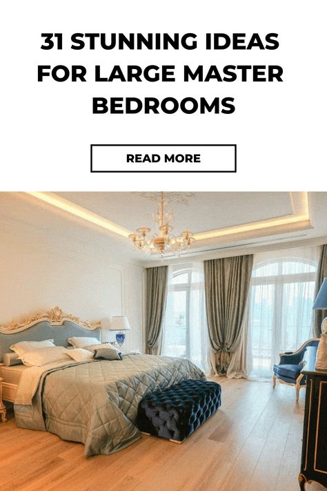 31 Stunning Ideas for Large Master Bedrooms Large Bedroom Interior Design, Large Bedroom Ideas Master Suite Decor, Bed Footboard Ideas, How To Decorate Large Bedroom, Oversized Primary Bedroom, Large Bedroom Design Ideas, Large Master Bedrooms Decor Modern, Oversized Bedroom Ideas, Bedroom Ideas For Big Rooms Women