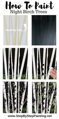 Birch Tree Painting Diy, Painting A Birch Tree, Painting Birch Trees On Wall, Paint Night Birch Trees, Diy Holiday Painting, Painting Birch Trees Tutorial, Paint Trees On Canvas, Diy Birch Tree Painting, Paintings Of Birch Trees