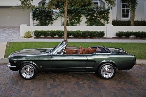 This is a 1966 Revology Mustang GT Convertible in Ivy Green Metallic with a stunning Mercedes Saddle Brown interior.  Powered by a 435hp Ford Gen 2 5.0 Coyote engine with Ford 6R80 automatic transmission, Borla dual exhaust, styled aluminum 16x8 wheels, black canvas convertible top and black Square-weave wool carpet, touch screen display and reverse camera with JL audio speakers, and more. 1966 Mustang Convertible, Coyote Engine, 1966 Mustang Gt, Mustang 65, Mustang Gt Convertible, Old Fashioned Cars, 1966 Mustang, Jl Audio, Old Vintage Cars