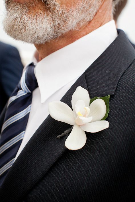 men's attire, I just like the simple orchid, and this would be my dad, except maybe he'd shave his beard just for the wedding. Orchid Boutonniere, Beach Wedding Decorations Reception, Magnolia Wedding, Cheap Wedding Flowers, Beach Wedding Reception, Mens Attire, Groom Boutonniere, Boutonniere Wedding, Trendy Flowers