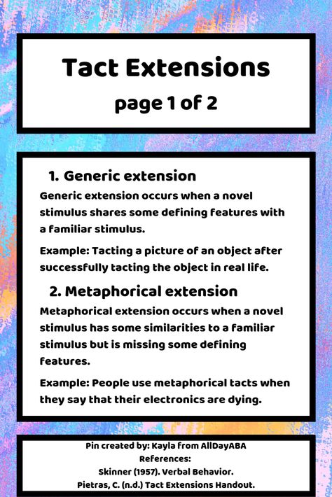 Verbal behavior has many difficult concepts. AllDayABA is here to help! Tact extensions come in four types according to B. F. Skinner: generic, metaphorical, metonymical, and solecistic. Applied behavior analysis terms are important for any BCBA, BCaBA, RBT, or aspiring behavior student! Check out our #TPT store by clicking the image. #ABA #BCBA #BCaBA #RBT #BACB #Skinner #behavior #behaviour #tact #extension #appliedbehavioranalysis #whatsthefunction #allthewaystoaba #AllDayABA Aba Strategies, Bcaba Exam, Discrete Trial Training, Bcba Exam, Kids Therapy, Behavior Intervention Plan, Verbal Behavior, Psychology Studies, Clinical Social Work