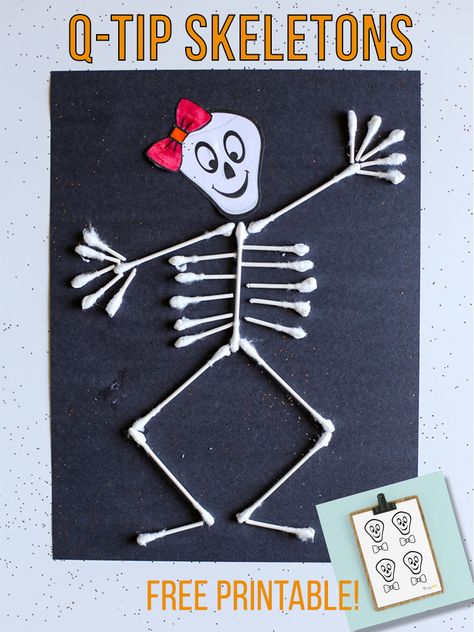 Easy Q-Tip Skeleton Craft {Free Printable!} - Thriving Home Q Tip Skeleton, Kindergarten Halloween Crafts, Skeleton Template, Skeleton Craft, Q Tips, Prek Crafts, Halloween Art Projects, Halloween Kindergarten, Halloween Crafts Preschool