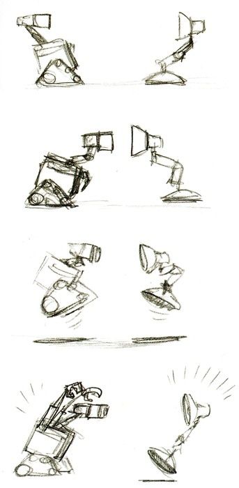 Wall-e vs Luxo Jr. Croquis Disney, Walle Y Eva, Pixar Lamp, Frases Disney, Wall-e And Eve, Deco Disney, Animation Disney, Disney Sketches, Film D'animation