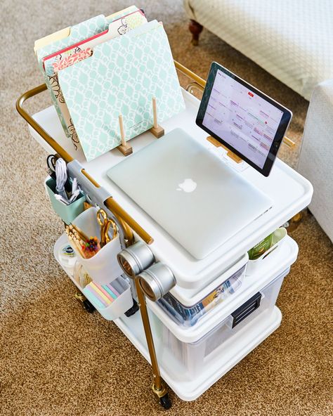If you are still lugging your office equipment around your home, this mobile cart is a dream come true. Using upgrades and smart storage hacks, any basic rolling cart can be transformed into a moveable workstation. #officeideas #workfromhome #diydeskideas #smallofficeideas #bhg Rolling Desk Cart, Organisation, Office Utility Cart, Teacher Computer Cart, Mobile Home Office Ideas, Utility Cart Office Organization, Workstation With Storage, Cart Organization Bedroom, Computer Storage Ideas