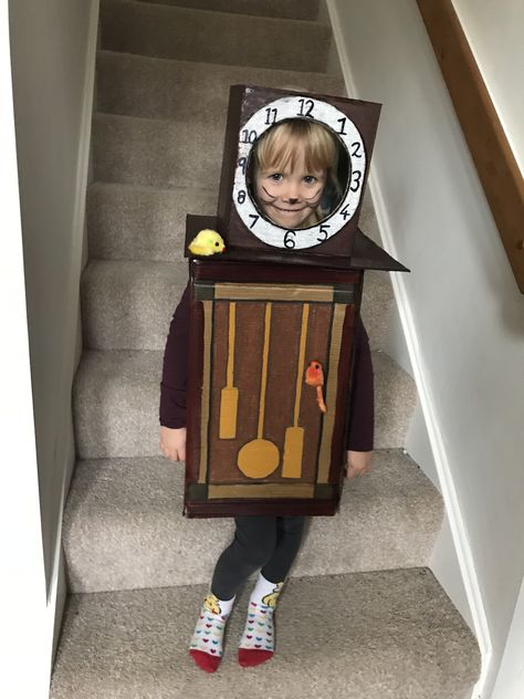 Hickory Dickory Dock -Nursery Rhyme character. Clock costume Diy Nursery Rhyme Props, Grandfather Clock Costume Diy, Hickory Dickory Dock Costume, Nursery Rhyme Characters Costumes, Nursery Rhyme Halloween Costumes, Nursery Rhyme Dress Up, Nursery Rhyme Costumes For Kids, Nursery Rhymes Costumes, Nursery Rhyme Costumes