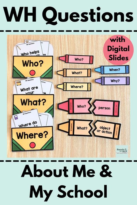 Answer 30 wh-questions about your students and their school day with this fun and low prep printable and digital back to school resource. Students will love earning crayon question cards as they answer who, what, where, when, and why questions about school. This is an ideal beginning of the year activity for Speech-Language Pathologists and early elementary teachers in small groups in speech and language therapy or whole groups in the classroom. Instructions are provided. English Language Learning Activities, Receptive Language Activities, Wh Questions Activities, Questions About Me, English Poems For Kids, Teach English To Kids, English Grammar For Kids, Who What Where, Sarah C