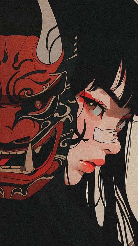 Girl with Devil Mask - iPhone Wallpapers Japanese Art Samurai, Wallpaper Seni, Personaje Fantasy, Seni Pop, Samurai Wallpaper, Japanese Pop Art, Seni Vintage, Japon Illustration, Cool Wallpapers Art