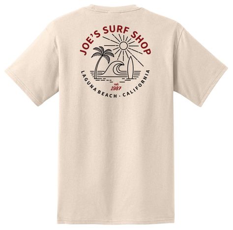 PRICES MAY VARY. 100% Cotton Pull On closure Machine wash cold, inside out, with like colors. Only non-chlorine bleach when needed. Tumble dry medium. Medium-hot iron. Do not iron decoration. Joe's Surf Shop Men's Beach Life Logo Heavyweight Pocket T-Shirt Nothing beats this traditional t-shirt in comfort, versatility and casual style. 6.1-ounce, 100% soft spun cotton Non-topstitched, classic width, rib collar Taped neck and shoulders Left chest pocket In Sizes: Small (35-37), Medium (38-40), La T-shirt Print Design, Surf Tee, Life Logo, Surf Shirt, Surf Tshirt, Shirt Print Design, Beach T Shirts, Men's Graphic T Shirt, Great T Shirts