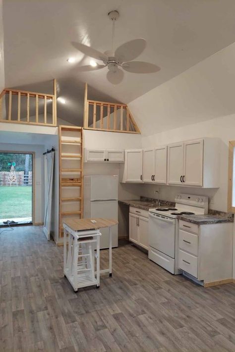 This 12x40 converted shed tiny home is a great family home with a small footprint! Three sizable sleeping areas including main floor bedroom! Shed Homes Interior, Shed House Interior, Shed To Home, Tiny Home Floorplan, Tiny Home Shed, Lofted Barn Cabin, Shed Tiny Home, Shed With Loft, Shed Tiny House