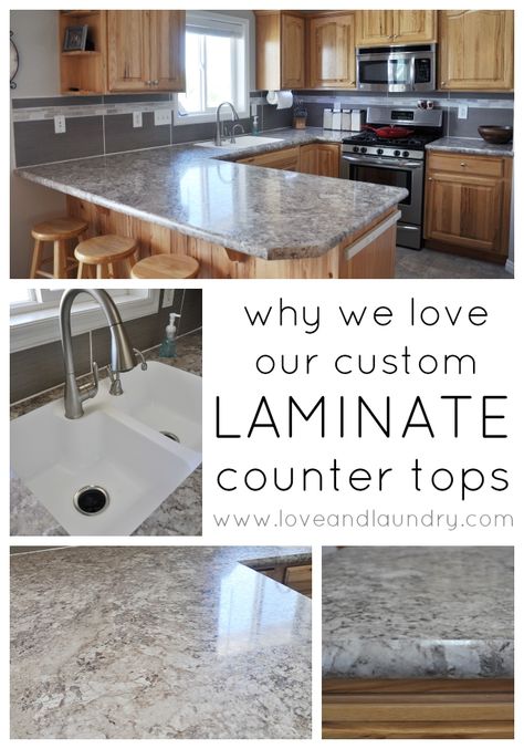 Why we love our custom laminate countertops. We were even able to get a seamless under mount sink! Custom Laminate Countertops, Kitchen Countertops Diy, Ikea Kitchen Countertops, Small Kitchen Countertops, Replacing Countertops, Kitchen Counter Tops, Refinish Countertops, Countertops Diy, Kitchen Countertops Laminate