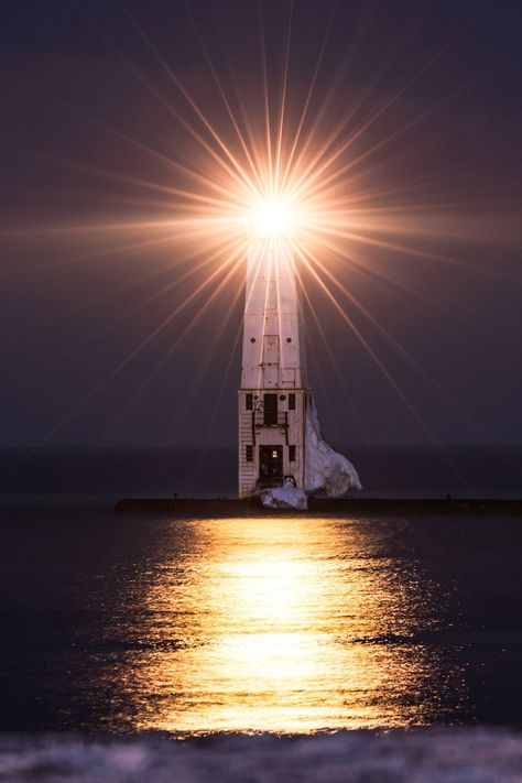 Frankfort Lighthouse, Lighthouse At Night, Frankfort Michigan, Lake Artwork, Lighthouse Lighting, Michigan Photography, Lighthouses Photography, Etsy Photography, Lighthouse Photos