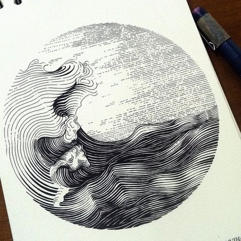 11-Waves-Muthahari-Insani-Beautifully-Detailed-Ink-Drawings-and-Doodles-www-designstack-co Ink Drawings, Stylo Art, Ikan Koi, Mountain Tattoo, Desenho Tattoo, Waves Tattoo, Art Et Illustration, 문신 디자인, Landscape Illustration