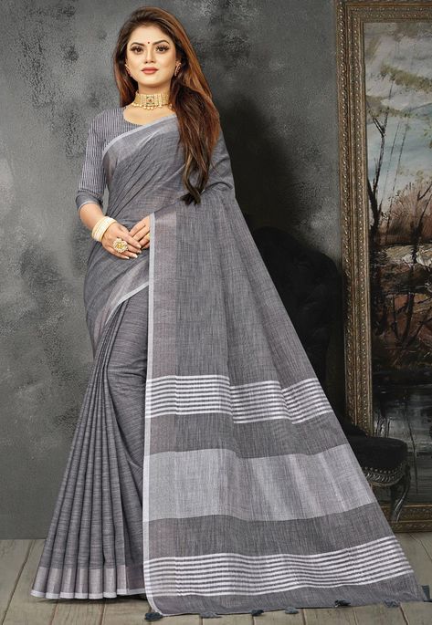 Cottage Core Dresses, Simple Saree Designs, Grey Saree, South Indian Sarees, Plain Saree, Simple Sarees, Utsav Fashion, Linen Saree, Simple Blouse