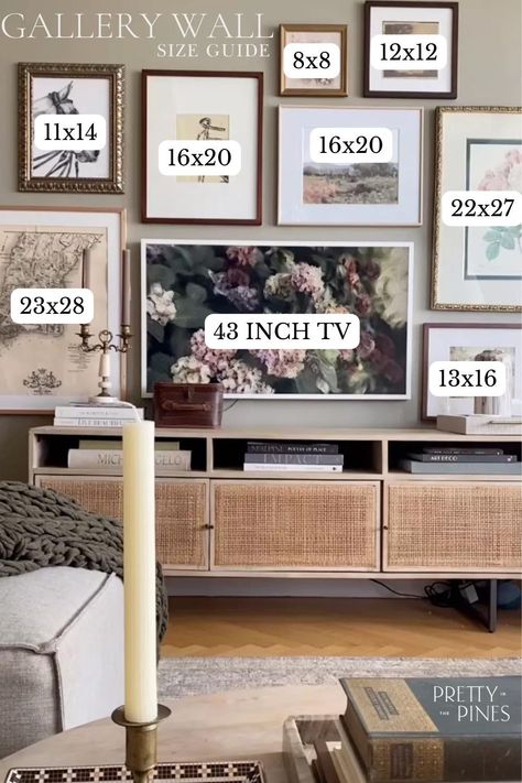 Gallery Wall Sizes, Tv Gallery Wall, Dekor Diy, Gallery Wall Living Room, Tv Wall Decor, Living Room Tv Wall, Living Room Decoration, Ideas Living Room, Living Room Inspo