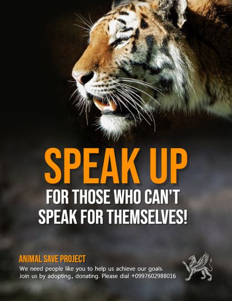 Animal rights awareness poster/flyer template Nature, Protect Animals Poster Design, Poster On Save Tigers, Animal Awareness Poster, Conservation Of Wildlife Poster, Animal Conservation Poster, Save The Tiger Poster, Save Tiger Poster, Wildlife Conservation Poster