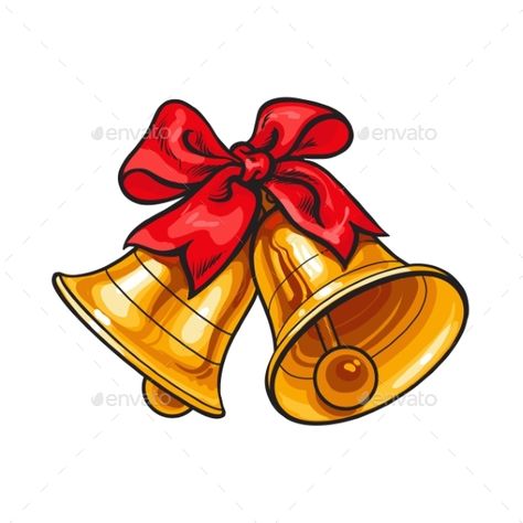 Golden Christmas bells with a red bow, cartoon vector illustration isolated on white background. Traditional pair of Xmas bells wi Molde, Christmas Bells Drawing, Christmas Decorations Drawings, Bell Drawing, Red Bow Christmas, Bow Cartoon, Santa Cartoon, Background Traditional, Xmas Bells