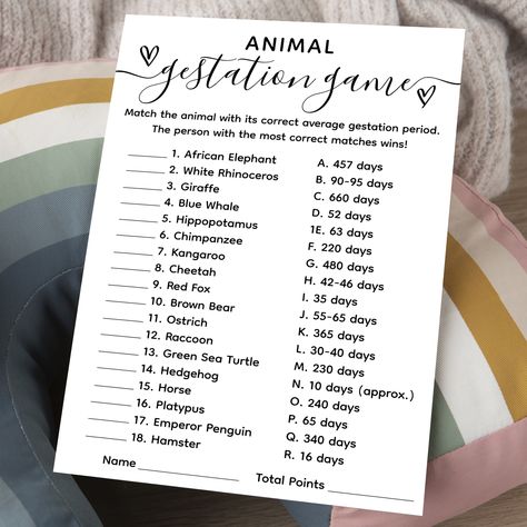 Elevate your baby shower with our versatile and stylish game template. It's minimalist, customizable, and offers two choices: use it as-is with 18 animals and average gestation periods, or personalize it with your own list. The answer key is seamlessly integrated into the product images. It's an instant download for hassle-free planning, ensuring a memorable and engaging celebration. Customize every aspect of the template, from text styles and colors to sizes, to make it uniquely yours. Game Template, Baby Shower Game, Animal Games, African Elephant, Text Style, Baby Games, Answer Keys, Matching Games, Shower Game