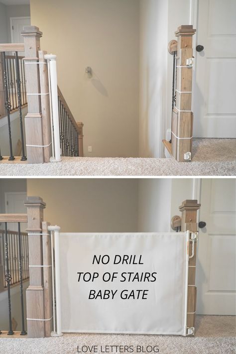 Get the details for our top of stairs baby gate solution with no drilling into your newel posts! Stair Gate Ideas Diy, Staircase Gate Ideas, Baby Gate For Stairs With No Wall, Baby Gates For Stairs With Banister, Diy Gate For Stairs, Baby Gate Stairs, Childproofing Stairs, Baby Gate Alternative, Diy Baby Gate For Stairs