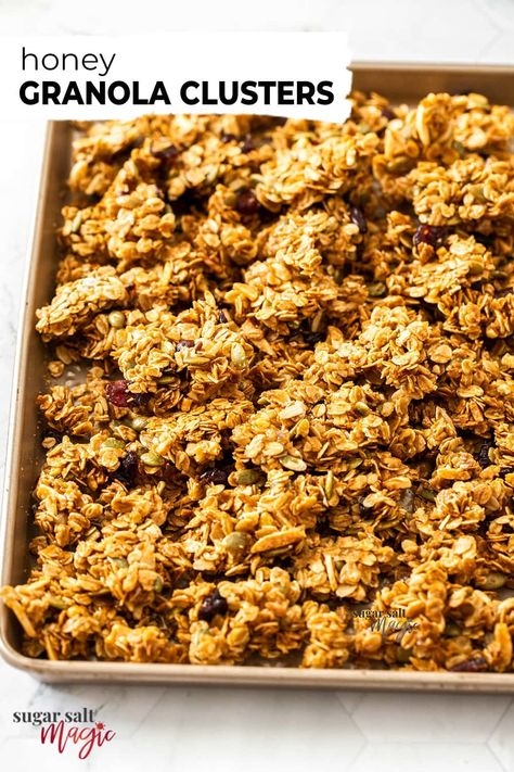 Delicious, super crunchy granola clusters, sweetened with honey are perfect for breakfast or a ready-made snack. Easy to make, easy to customise, and incredibly tasty, this chunky granola can sit in your pantry ready for whenever the urge strikes. Homemade Chunky Granola, Food Made With Honey, How To Make Granola Clusters, Oats Clusters, Healthy Granola Clusters, Snacks With Honey, Granola Recipe With Honey, Honey Granola Clusters, Homemade Honey Granola