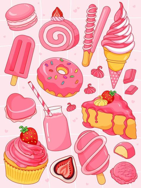 Cute Drink Illustration, Dessert Art Illustration, Sweet Food Drawing, Kawaii Dessert Drawing, Anime Desserts Aesthetic, Food Illustrations Vector, Strawberry Art Cute, Kawaii Art Cute Food, Food Kawaii Illustration