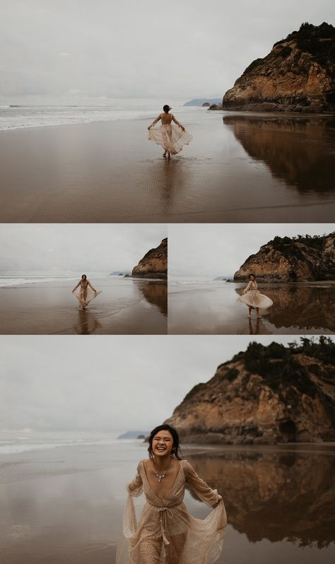 Beach Goddess Photography, Oregon Beach Photoshoot, Pnw Beach Photoshoot, Dress On Beach Photoshoot, Beach Shoot Ideas Photoshoot, Creative Beach Photography, Beach Modeling, Oregon Coast Elopement, Debut Photoshoot