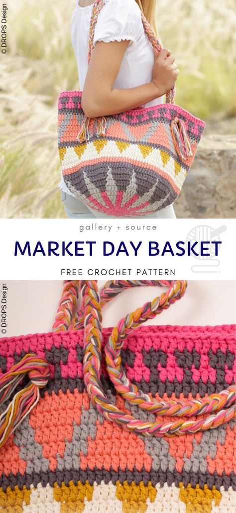 Market Day Basket Free Crochet Pattern  The colors used in this bag are pretty subdued but all together they create an unforgettable design. It's a spacious everyday bag that will brighten whatever outfit you choose to wear that day. What's the best about it apart of its beauty? It's great for every season of the year!  #crochetbag #crochet Crochet School Bag, New Crochet Ideas, Crochet Totes, Pochette Portable, Trending Crochet, Crochet Market, Bags Patterns, Sac Diy, Crochet Baskets