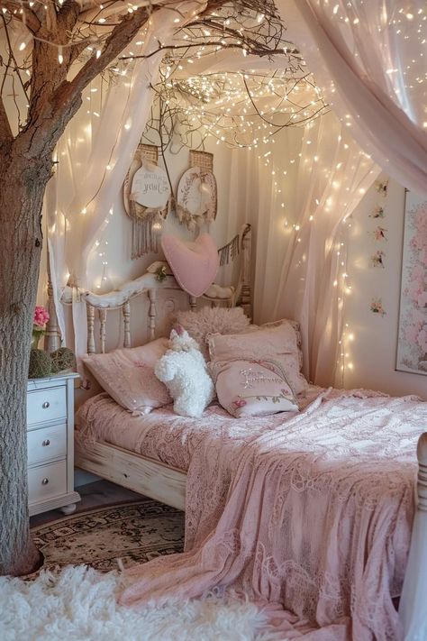 25 Magical Fairy Bedroom Ideas for a Touch of Whimsy Fairycore Bedroom Pink, Girl Bedroom Designs Aesthetic, Whimsical Pink Bedroom, Fairy Inspired Bedroom, Princess Bedroom Ideas For Kids, Girl Bedroom Ideas Teen, All Pink Room Aesthetic, Secret Garden Bedroom Ideas, Boho Fairy Bedroom