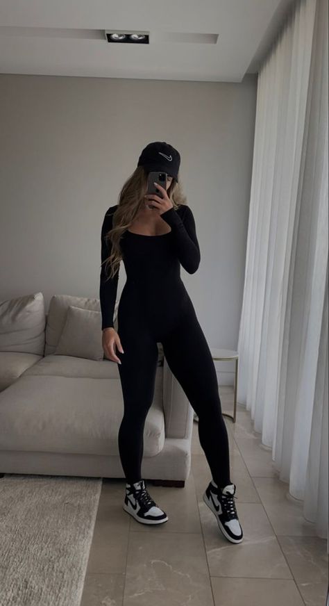 (JUMPSUIT LINK ABOVE ONLY £12.99  and comes in different colour) black jumpsuit outfit activewear casual style nike jordan aesthetic fitcheck Sporty Black Outfits, Black All In One Jumpsuit, Black Activewear Aesthetic, Black Body Jumpsuit Outfit, Sporty Outfit Inspiration, Sporty All Black Outfit, Black Jumpsuit Outfit With Jordans, Casual Sporty Outfits Fall, Jumpsuit And Dunks Outfit