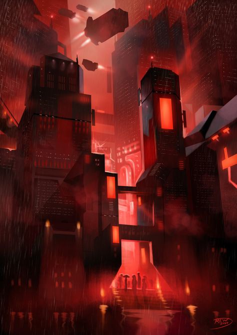 ArtStation - Red city, REW . Red Spaceship Concept Art, Black And Red City Aesthetic, Dark City Illustration, Red World Aesthetic, Red City Aesthetic Wallpaper, Cyberpunk Red Aesthetic, Red City Background, Cyberpunk Red Character, Red Cyberpunk Aesthetic