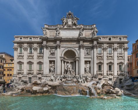 Toss a coin into the Trevi Fountain, which depicts classical figures in sumptuous detail. This example of late Baroque, or almost even Rococo, architecture, is lighter in many ways. It's not as formal as earlier Roman Baroque architecture, as it conveys its grandeur less strictly with more free-flowing opulence. Cultural Architecture, Baroque Architecture, Classical Architecture Exterior, Rococo Architecture, The Trevi Fountain, Architecture Baroque, Architecture Antique, Roman Architecture, Trevi Fountain
