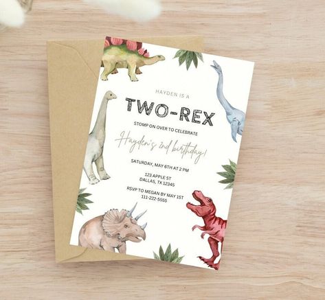 Dinosaur Birthday Invite, Three Rex Birthday, Thank You Printable, Dinosaur Birthday Invitations, Toddler Parties, Nephew Birthday, 2nd Birthday Party Themes, 2nd Birthday Invitations, Birthday Template
