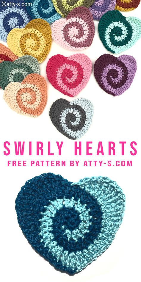 Swirly Hearts by atty-s.com Crochet Squares, Granny Square Haken, Crochet Heart Pattern, Valentines Crochet, Crochet Heart, Diy Crochet Projects, Crochet Applique, Crochet Coasters, Free Crochet Patterns