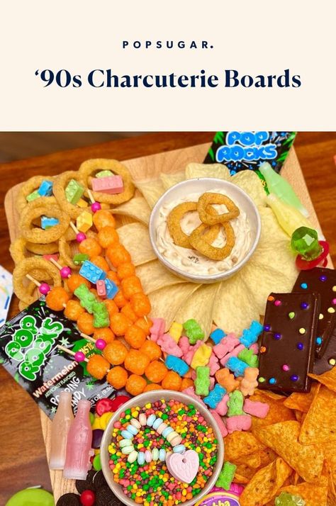 These '90s Snack Boards Include Dunkaroos and Bottle Pops 90s Food And Drink, 90s Themed Snacks, Party Food 90s, 90s Theme Appetizers, 90s Buffet Food, 90s Theme Charcuterie Board, 90s Party Snack Ideas, 90s Themed Charcuterie Board, 90s Themed Slumber Party