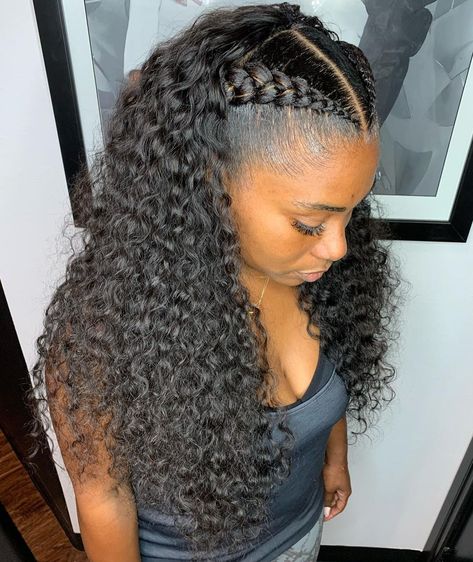 Long Sew In with Braids Anniversary Hairstyles Black Women, 2 Cornrow Braids, Curly Sew In Weave, Jerry Curl Hair, Curly Hair Sew In, Half Cornrows, Curly Sew In, Two French Braids, Cornrow Braids