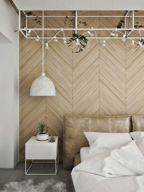 Headboard wall features wooden chevron panelling Modern Loft Interior, Perete Accent, Design Interior Modern, Wooden Accent Wall, Contemporary Loft, Feature Wall Bedroom, Loft Interior Design, Wood Accent Wall, Headboard Wall