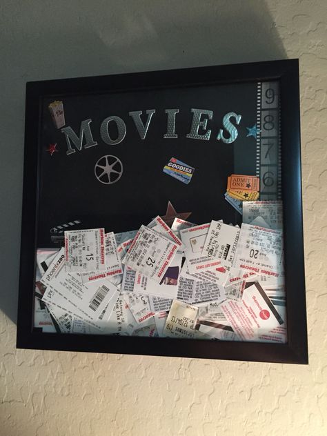 Movie Ticket Ideas Diy Memories, Scrapbook Ideas Movie Tickets, Movie Ticket Stubs Display, Ticket Shadow Box Ideas, Movie Ticket Gift Ideas, Travel Shadow Boxes, Ticket Shadow Box, Money Frame, Cinema Gift