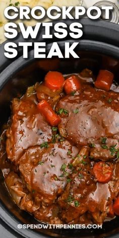 Crockpot Swiss Steak, Swiss Steak Crockpot, Easy Crockpot Recipes, Crockpot Steak, Recipes Slow Cooker, Swiss Steak, Carrots Celery, Round Steak, Hamburger Steak