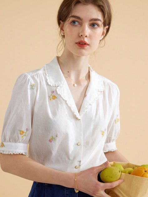 [PaidAd] White Casual Collar Short Sleeve Cotton Floral Shirt Embellished Non-Stretch Women Clothing #womenfloralblouse White Floral Top Outfit, Short Top Designs, Korean Fashion Women Dresses, Vintage Style Blouses, Cotton Tops Designs, Collar Embroidery, Floral Shirt Women, Stylish Tops For Women, Women Floral Blouse