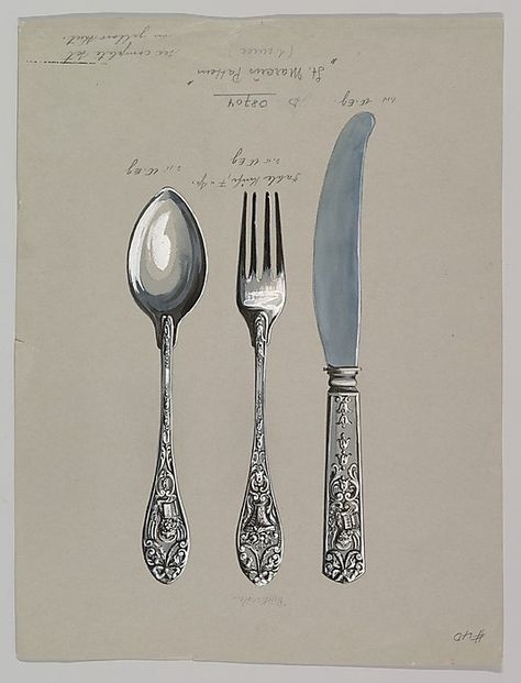 Design for a Silver Knife, Fork & Spoon ~ early 20th century Czech artist Croquis, 20th Century Illustration, Abstract Watercolor Tutorial, Fork Design, Silver Knife, Spoon Design, Fork Art, Forks Design, Free Wall Art