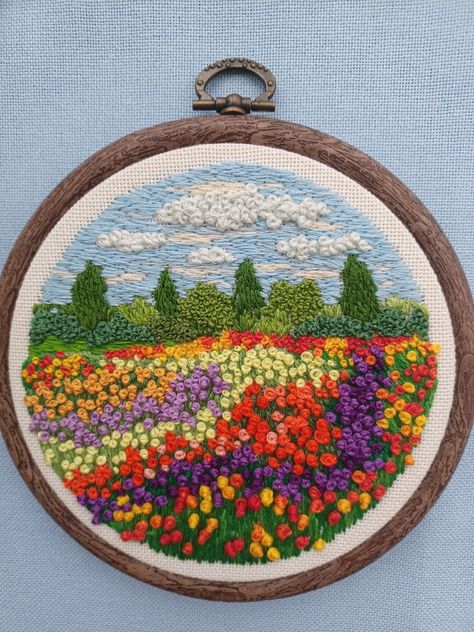 Flower Garden Embroidery Designs, Nature, Scenery Embroidery Designs, Big Flower Embroidery Pattern, Landscape Embroidery Ideas, Flower Field Embroidery, Embroidery Landscape Pattern, Garden Embroidery Patterns, Embordery Patterns Design Flower