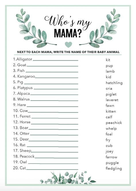 Baby Shower Matching Game, Whos My Mama Baby Shower Game, Baby Shower Games Animals, Free Baby Shower Game, Baby Shower Games Printable Free, Free Baby Shower Games Printables, Baby Shower Games Free Printables, Baby Shower Game Printables, Baby Animal Name Game