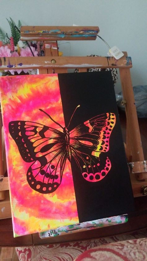 Butterfly painting duo metamorphosis art paint Half Canvas Paintings, Half Painting Ideas, Half And Half Painting Canvas, Half And Half Paintings, Half Butterfly Painting, Colorful Butterfly Drawing, Colored Butterfly, Invert Colors, Butterfly Drawing