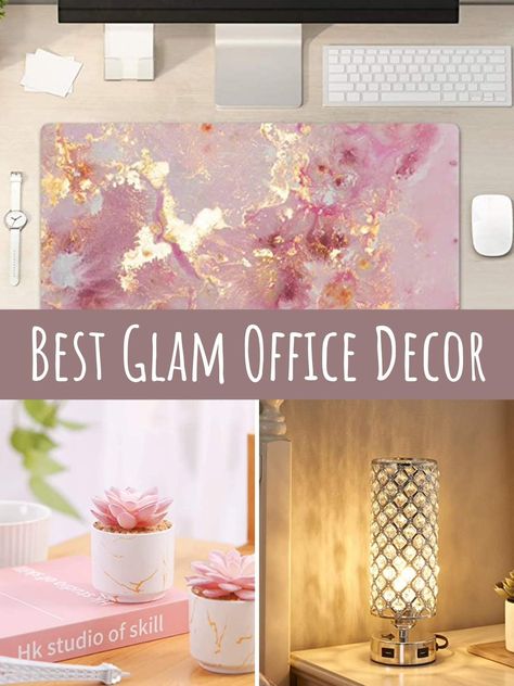 Best Glam Office Decor Ideas to Make You Feel Chic - PinkPopDesign Office Luxury Design Modern, Glam Home Office Ideas, Pink Gold Office, Cute Cubicle Decor, Cricut Office, Womens Office Decor, Office Decor Ideas For Women, Classy Office Decor, Work Cubicle Decor