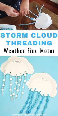 Weather Preschool Activities Science, Cloud Theme Activities, Threading Ideas For Preschool, Cloud Fine Motor Activities, Cloud Preschool Craft, Storm Cloud Threading, Weather Craft Kindergarten, Science Fine Motor Activities, Threading Preschool Activities