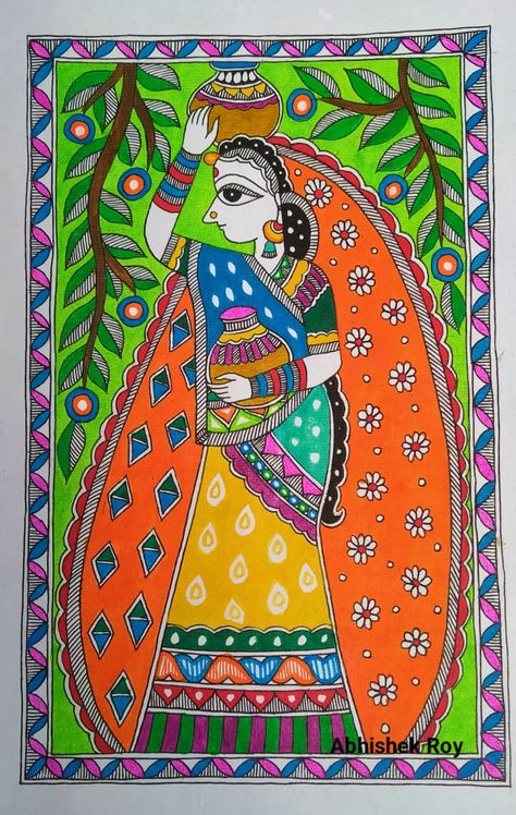 Mithila Painting Indian Folk Art, Madhubani Women, Madhubani Drawing Indian Paintings, Easy Madhubani Painting, Traditional Madhubani Art, Madhubani Print, Mithila Art, Mithila Painting, Gond Painting